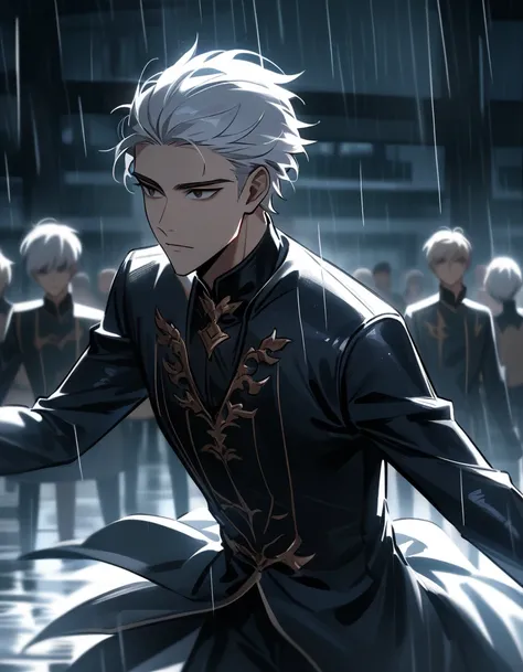 White haired handsome young man, dark wit black tired eyes and has long eyelashes. Dancing in the rain alone, ballet, dramatics posse, The atmosphere is cloudy, rainy and the streets are quiet, the background is blurred. Dramatic lightening.