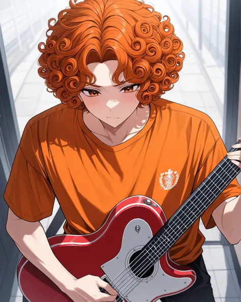 Indonesian boy with curly hair, wearing orange t-shirt and holding the guitar