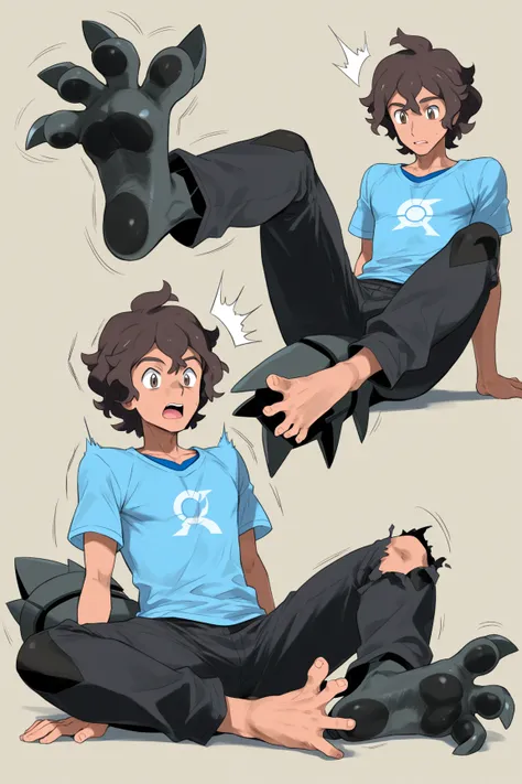  e621, anime boy with dark brown hair and dark brown eyes transforming into zekrom (pokemon), zekrom (pokemon), dark brown hair, short wavy hair, wavy hair, barefoot, sitting, looking at foot, surprised, simple background, splayed toes, black pants, blue s...