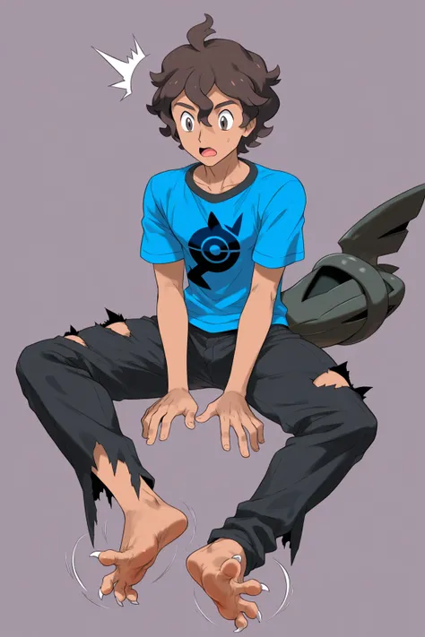  e621, anime boy with dark brown hair and dark brown eyes transforming into zekrom (pokemon), zekrom (pokemon), dark brown hair, short wavy hair, wavy hair, barefoot, sitting, looking at foot, surprised, simple background, splayed toes, black pants, blue s...