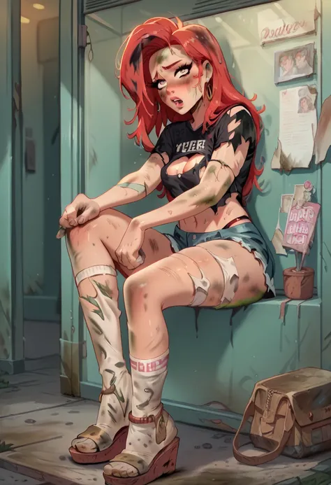 One girl, red hair, eyelashes, black top, thong, socks, sandals, blushed, ripped clothes, dirty, toelessfootwear