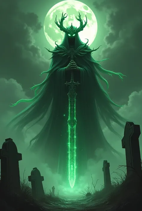 A towering, incorporeal figure cloaked in flowing shadows, with glowing green eyes and a crown of spectral fire. Its ghostly hands hold an ethereal sword that hums with dark magic. The Wraith Lord floats above the ground in a cursed graveyard, its presence...