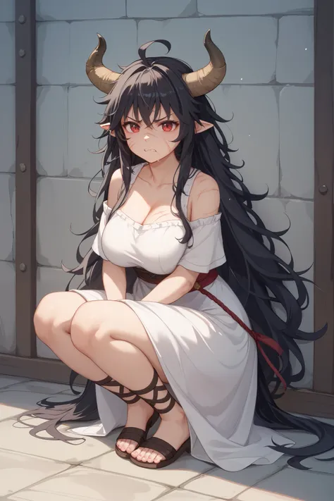 Alone、girl、、buffalo horn、 slightly pointed ears 、（（（Tiny :0.5）））、（petite and glamourous girl）、Big Breasts、Petite、buffalo tail、Black Hair、very long hair、messy hair, big hair、ahoge、 red eyes、 angry face、Mouth closed、No teeth showing、Full of bruises、Full body...