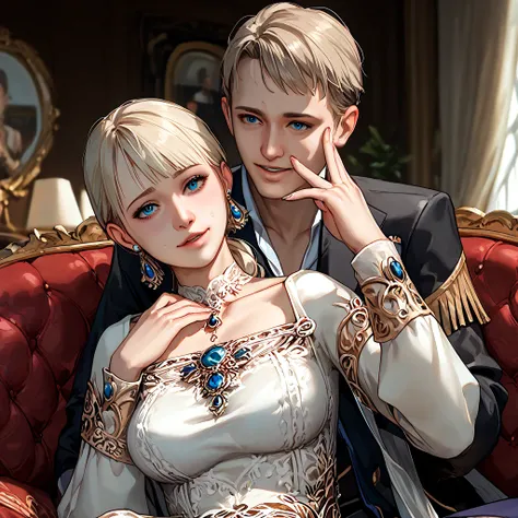 (( best quality)), ((masterpiece)), ( Details), （ perfect face）、Fiona Belli, who is pregnant and has blond hair, wears a gorgeous, and elegant aristocratic noblewoman's dress, hugged an old ugly man on a gorgeous sofa, happily depended on the man, hugged a...