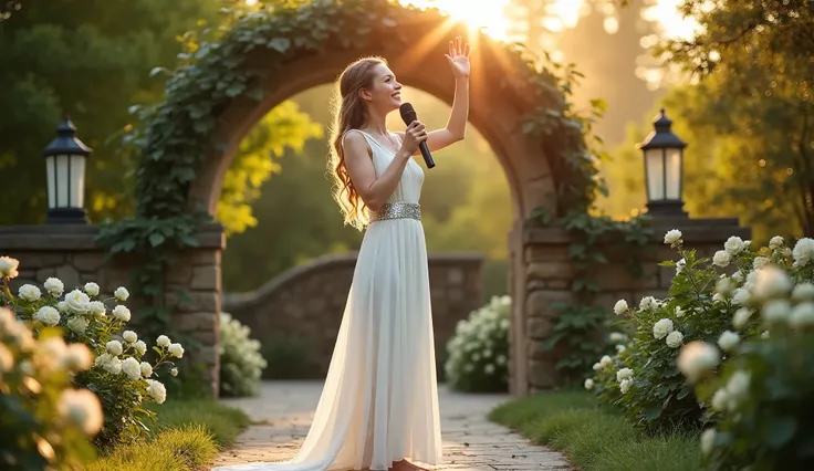 **Main Focus:**  
A female worshiper in her early 30s, modestly dressed in a white gown with flowing sleeves and a subtle silver sash, holding a microphone in one hand, deeply engaged in worship.

**Pose and Expression:**  
Standing barefoot on a small sto...