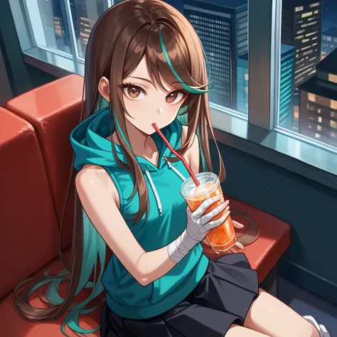  (Masterpiece, best quality), intricate details, JK, highly detailed, intricate details, holding up soft drink, drinking soft drink, close up, from above, ((brown eyes, brown hair, very long hair, hair with teal highlights, long swept bangs)), ((sleeveless...