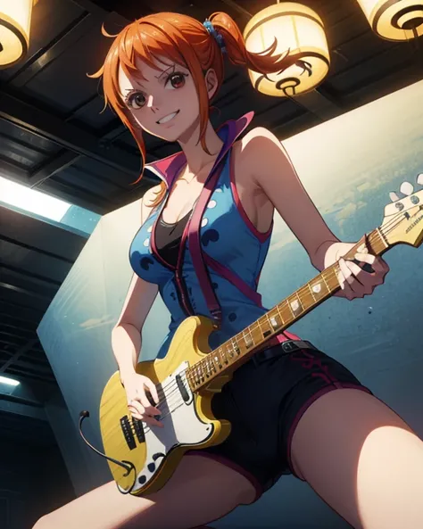 (最高masterpiece,  best quality , 4K, 8k,  high resolution,masterpiece:1.2), Nami in One Piece,Playing guitar,smile,Live Performance Venues, artist 