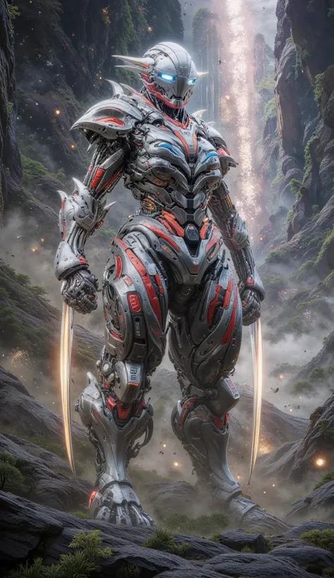  **"A futuristic female Ultraman character standing heroically on a rocky alien terrain under a glowing nebula-filled sky. Her sleek metallic armor is form-fitting, featuring a blend of silver, red, and blue with glowing energy lines that pulse with power....