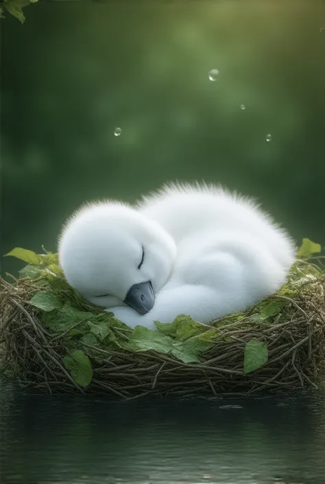 A  beautiful baby Swan sleeping on a nest made With leafs