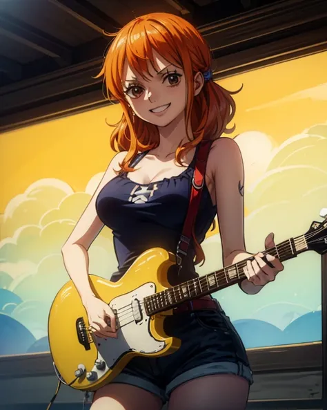 (最高masterpiece,  best quality, 4K, 8k,  high resolution,masterpiece:1.2), Nami in One Piece,Playing guitar,smile,Live Performance Venues, musician 