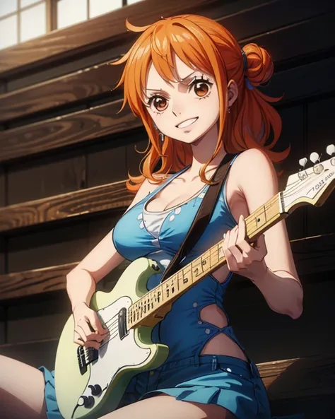 (最高masterpiece,  best quality, 4K, 8k,  high resolution,masterpiece:1.2), Nami in One Piece,Playing guitar,smile,Live Performance Venues, musician 