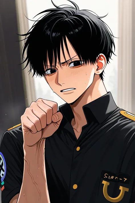 16-year-old black-haired boy,  black eyes, Use a Mexican punch and a black uniform like the one piece. It is similar to Ace