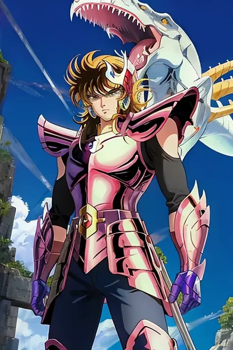 19-year-old young man wearing Saint Seiya armor of the Tyrannosaurus digital painting silver armor 