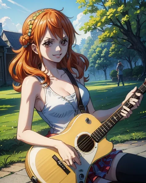 (最高masterpiece,  best quality, 4K, 8k,  high resolution,masterpiece:1.2), Nami in One Piece,Playing guitar,smile,Live Performance Venues, musician 