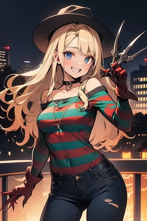 Female Freddy Krueger, anime girl, long blonde wavy hair,blue eyes, mischievous smile, tattered brown leather fedora, tattered red-green stripes sweater,brown leather gloves,long sharp metal claws, torn denim pants, night time, forest background 