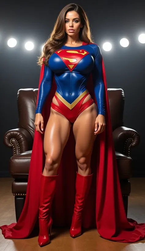 Masterpiece hyperrealistic image Large 36gg enhanced silicon breasts. Shyla Stylez the fitness model is dressed in a 2000’s supergirl costume, brown hair, ridiculously oversized enhanced silicon breasts, scoopneck costume, standing a room that has spot lig...