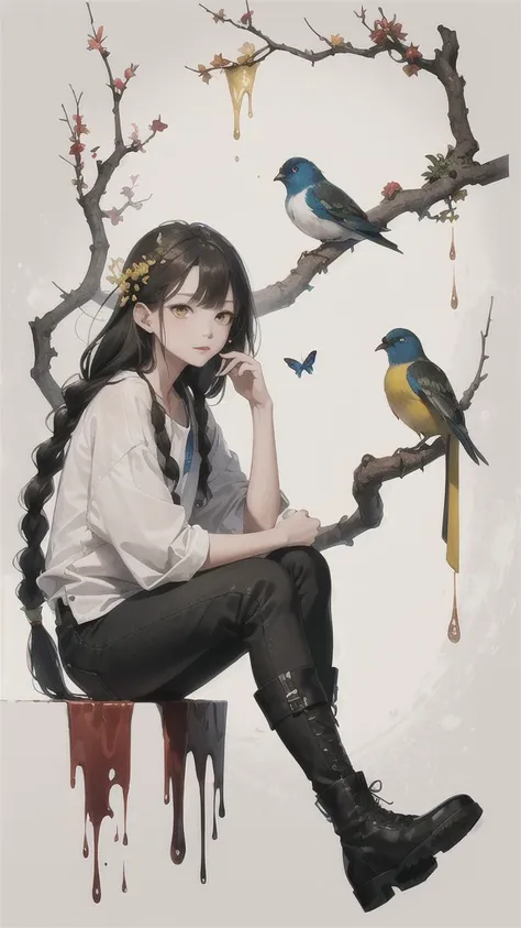 ink ,scenery tangbohu huaniao break 
 ,stone,melting, abstract,  dust ,water splash,long hair, boots, 1boy, very long hair, braid, black hair, bug, bird, branch, looking at viewer, yellow eyes, red footwear, brown hair, traditional media,