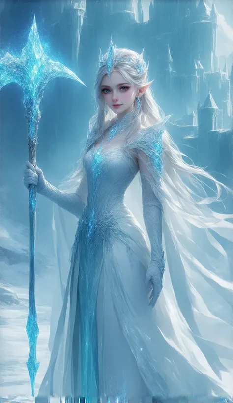 "An enchanting anime-style ice elf queen standing gracefully in a majestic winter palace. She has long, flowing silver hair with icy blue highlights, adorned with intricate ice crystal tiaras and snowflake accessories. Her large, expressive blue eyes radia...