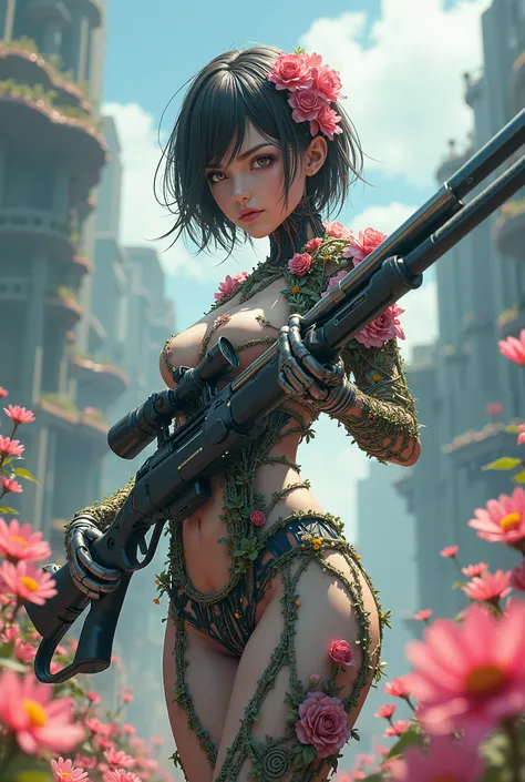 Flower Guardian Mutant Cyborg Woman with Sniper Gun 3D Anime Cyborg Set Mixed with Flowers