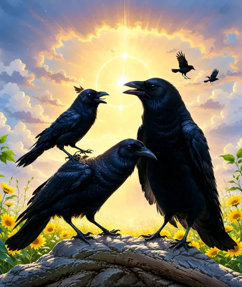 A sacred crow, covered in radiance from head to toe, is playing with a kitten. The crow seems to be protecting the kitten.