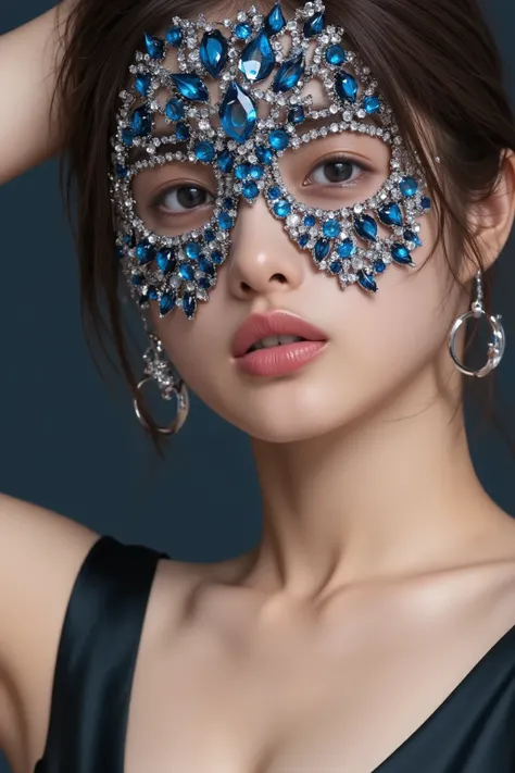 A close-up of a woman's face with a decorative mask adorned with shimmering blue gemstones. The mask covers her left eye, leaving the right one in full view. The eye is accentuated with dark makeup, and her lips have a subtle nude shade. The mask is intric...