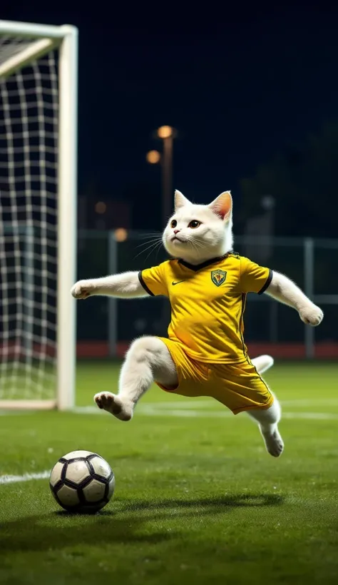   a white cat ,  with anthropomorphic features ,  wearing a yellow uniform with black details . The cat is in full jump ,  with its front legs extended and a determined expression,  showing its feline agility as it tries to reach the ball .

 The scenario ...