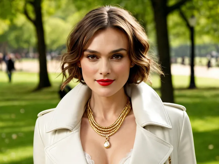 Keira Knightley, 25 years old, red lipstick, smile, very large breasts, very large cleavage,	white leather coat,	in a park,	gold jewellery,
