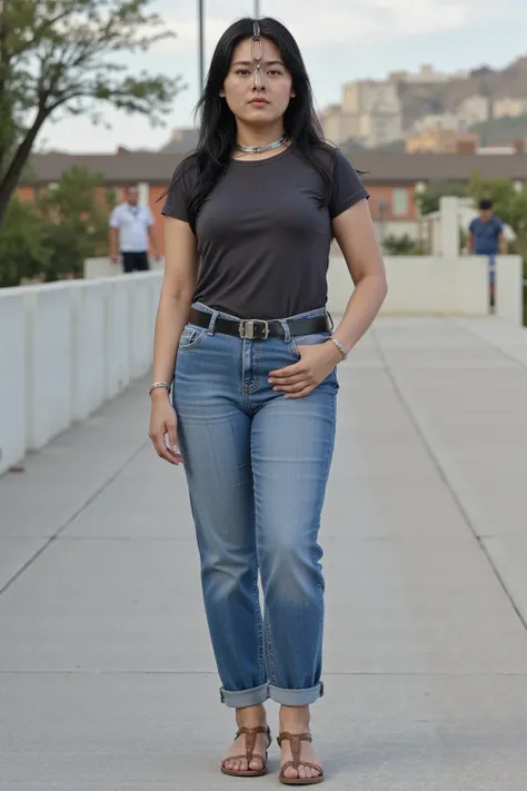 A high resolution photograph of a Japanese mature woman, masterpiece, best quality, photo-realistic, sharp focus, solo, 1girl, full body, t-shirt, denim pants, ankle strap sandals, straight long black hair, forehead, (nose-hook with strap wrapped around he...