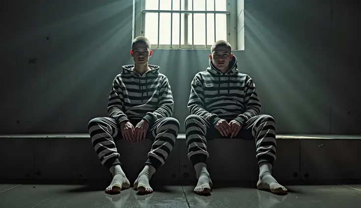 8 K,  UHD full body photo of two young convicts in a dark prison cell with dark gray raw concrete walls ,  both in dirt black and white horizontal striped prison hoodies and dirty long black and white horizontal striped prison sweatpants, Both shaved and v...