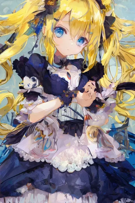 A tall anime girl with a slender body and no chest, featuring stunning, very light shiny blue eyes that sparkle. Her hair is extremely long, flowing, and bright yellow, creating a striking contrast against her delicate features. She has an ethereal, almost...