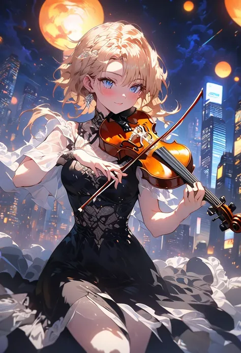 Anime Style, A woman, playing a violin, whole body, beautiful night, neon night city, cityscape, night city, beautiful lights, intricate background, masterpiece, super detailed, epic composition, ultra HD, high quality, extremely detailed, 8K wallpaper