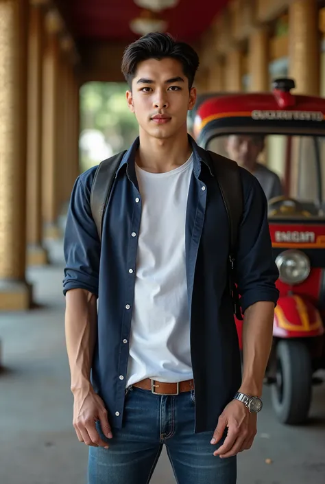  Realistic Photos, Realistic, Natural Light ,korean man with big arms , Wear a navy shirt,There is a white t-shirt inside, Neat Buttoned ,  Jeans ,  brown belt , BLACK BACKPACK IN THAILAND TEMPLE WITH TUK TUK