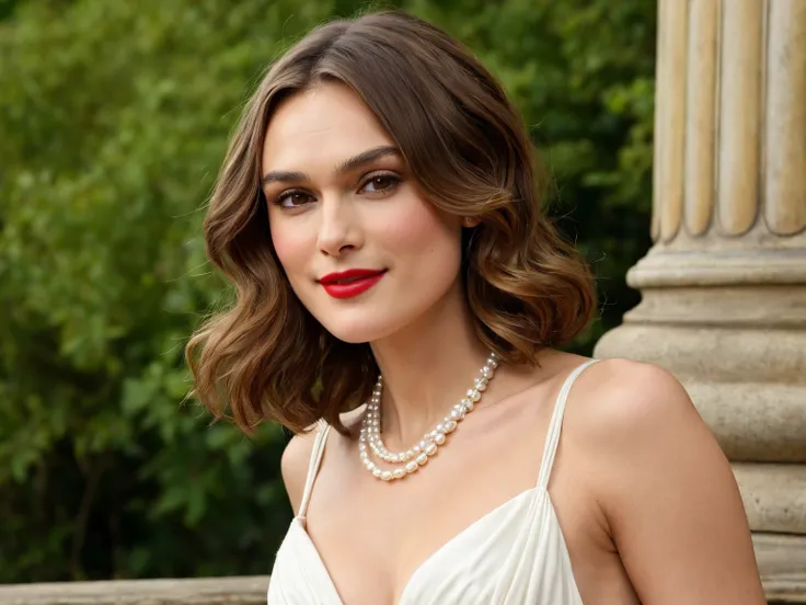 Keira Knightley, 25 years old, red lipstick, smile, very large breasts, very large cleavage,	white cotton dress,	stream in background,	pearl necklace,
