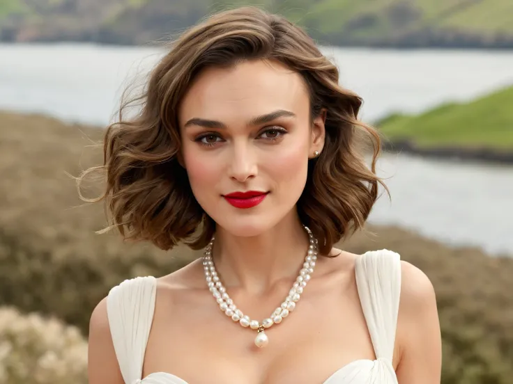 Keira Knightley, 25 years old, red lipstick, smile, very large breasts, very large cleavage,	white cotton dress,	stream in background,	pearl necklace,
