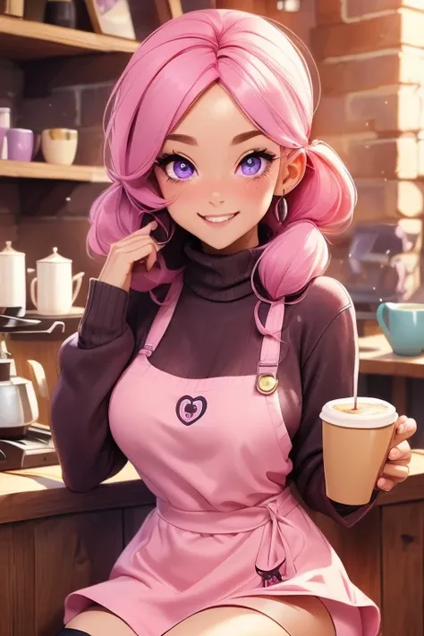 Perfect face. Perfect hand. A pink haired woman with violet eyes and an hourglass figure in a cute sweater and frilly skirt is smiling while making coffee at a coffee shop
