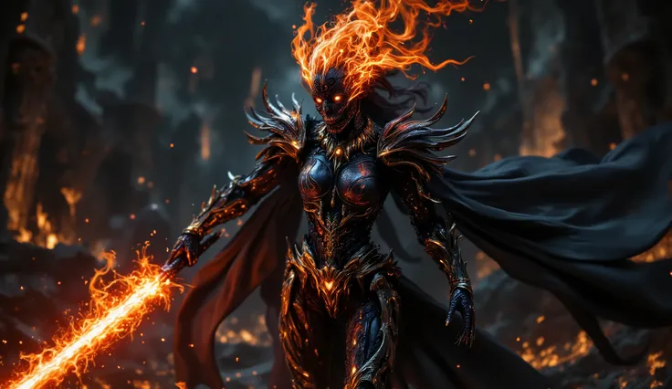 Full body shot, a fantasy art, female,  head is a flaming skull, black armor with gold and fiery ornaments, burning lightsaber, highly detailed, cinematic lighting, digital art, intricate details, dramatic, dark fantasy, epic, masterpiece, cinematic, hyper...