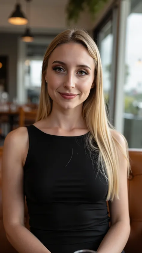 This is a beautiful  closeup photograph of a woman, she has long straight blonde hair and dark blue eyes.  Wearing a form fitting  boatneck dress,  Sitting in a cafe. Flirting at the viewer. Smile, Captured with a Sony A7R IV camera and a 50mm f/1.2 G Mast...