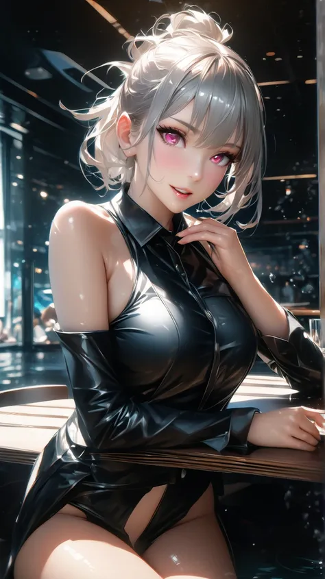  girl with a short ponytail lying on a restaurant table wearing a formal suit、Lying on a restaurant table,  Clear Eyes,  perfect body,  (  is looking down at the viewer :0.8), (pureerosface_v1:0.2),   Detach Sleeves,  open your mouth, bangs,  1 girl sittin...