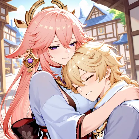 love couple, Genshin Impact, Yae Miko and Aether, hugging each other, masterpiece, best quality, town in background