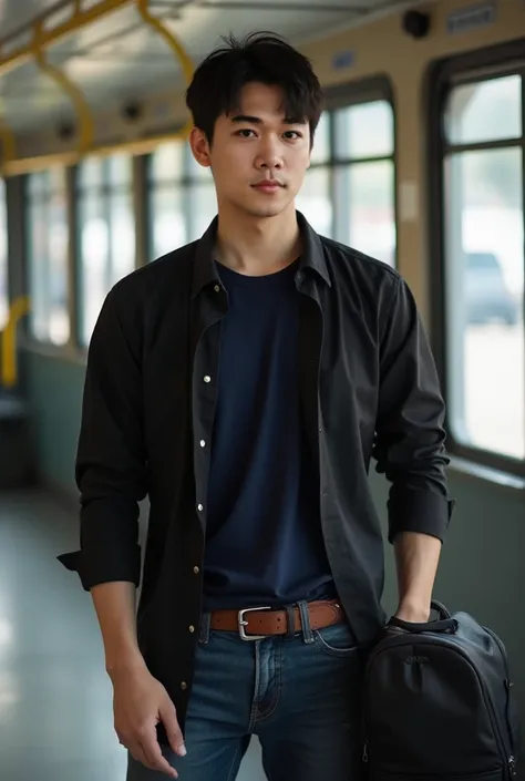  Realistic Photos, Realistic, Natural Light ,17-Year-Old Korean Man Big Muscles  , Wearing a black shirt ,There is a navy t-shirt inside., Neat Buttoned ,  Jeans ,  brown belt , , a black backpack next to the bus.