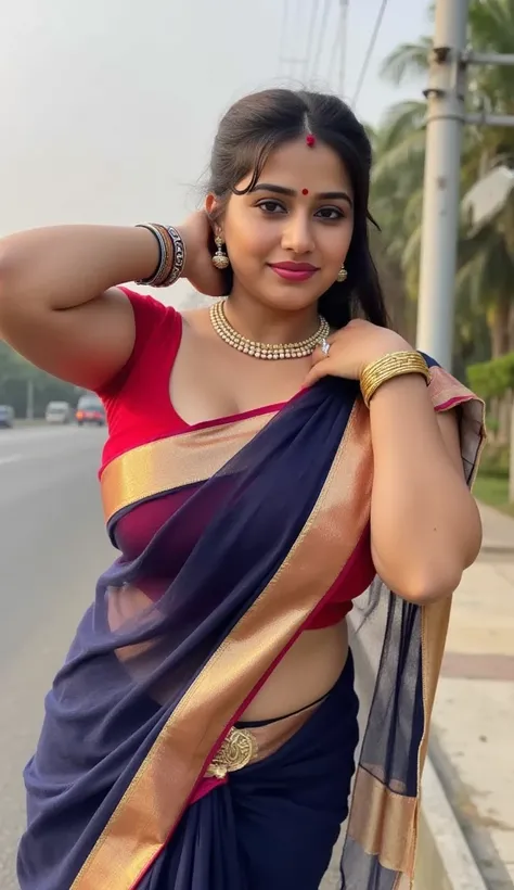 Indian beautiful woman sexy bhabhi with huge breast and sleevless blouse, Heavy traffic on road,facing to camera in standing position leaning to light pole of the divider with both hands Stretched up behind the head on the pole showing dark hairy armpits ,...