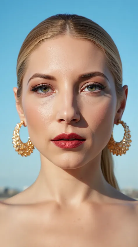 A hyper-detailed, avant-garde facing forward shot photograph featuring a striking woman with pale light skin against a clear, light blue sky. Her nude high-angle mid shot highlights the smooth texture of her flawless complexion. Shimmering metallic eyeshad...