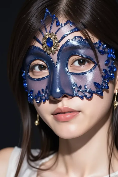 1woman, A close-up of a woman's face with a decorative mask adorned with shimmering blue gemstones. The mask covers her left eye, leaving the right one in full view. The eye is accentuated with dark makeup, and her lips have a subtle nude shade. The mask i...