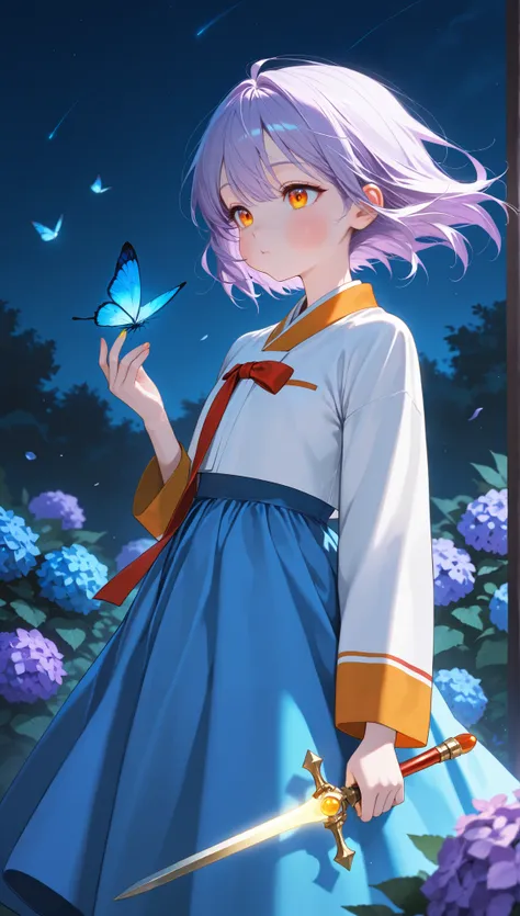 {{{Blue Hydrangeas}}}, Night, &expressionless , {blue Butterfly}, [sketch], Beautiful detailed sky, {bush} , holding glowing yellow marble&dagger, {orange_eyes},(puffy cheeks), loli, {{{{colorful}}}}, 8k, Floating hair,  Wind, {{{lavender hair, , hanbok&un...