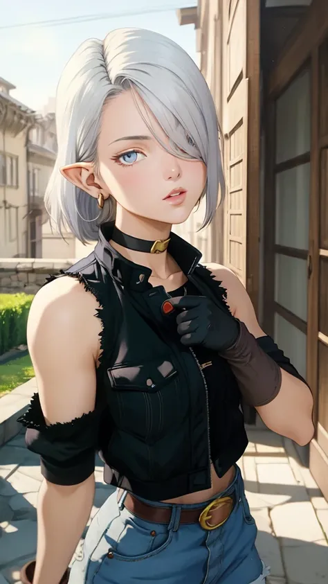 (( masterpiece )), (( envelopes)), ((highres)), (( detailed background)), (elf), (1 girl), cute girl, ((Rock Jacket)), black clothes, Low Ponytail Hair,  split bangs, (  Hair over one eye  ),   white hair , violet eyes,  incredibly detailed face and eyes, ...