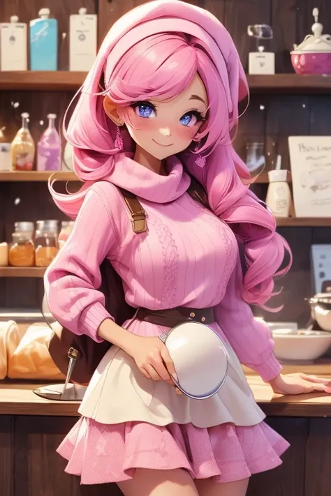 Perfect face. Perfect hand. A pink haired woman with violet eyes and an hourglass figure in a cute sweater and frilly skirt is smiling while making breakfast sandwiches at a coffee shop

