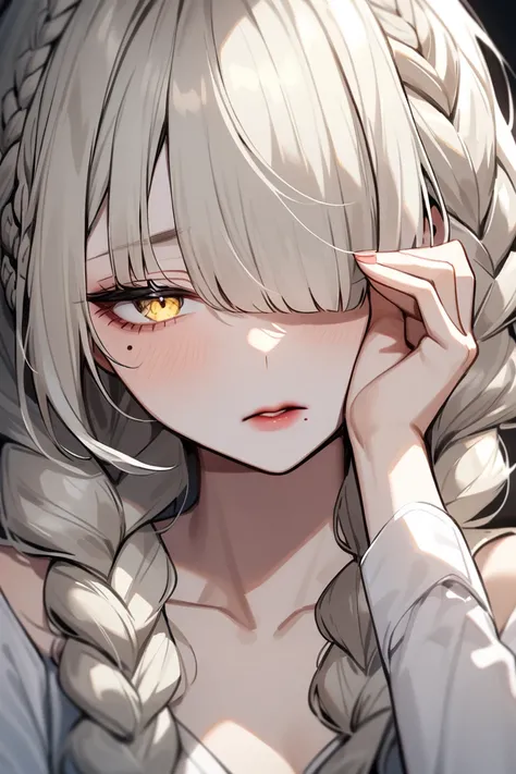 Female. Pale yellow eyes. White long hair styled in a braid. Bangs covering right eye. Mole under left eye. Half open eyes. Lipstick on bottom lip. 