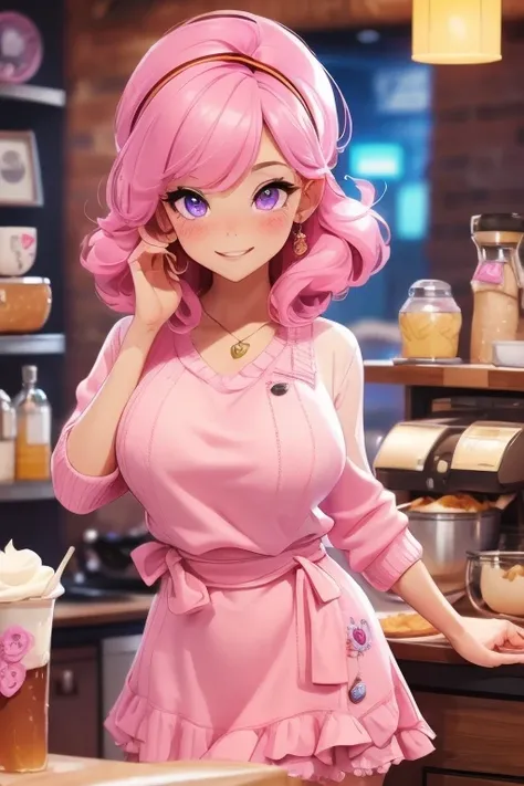 Perfect face. Perfect hand. A pink haired woman with violet eyes and an hourglass figure in a cute sweater and frilly skirt is smiling while making breakfast sandwiches at a coffee shop

