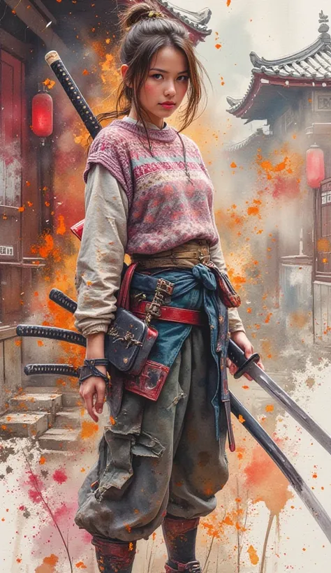 Create watercolour splash art style. A beautiful woman wearing a sweater complete with pants, converse shoes. While holding a katana. Looks injured and clothes are shabby, dirty and torn. Standing to the side while looking forward. Fierce facial reaction a...