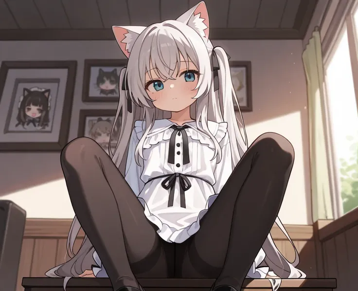 Cat ears、 black tights、 white blouse、Black ribbon tie、Cat ears、 long hair、椅子に座る